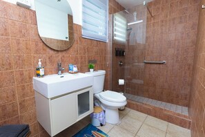 Shower, hair dryer, towels, soap