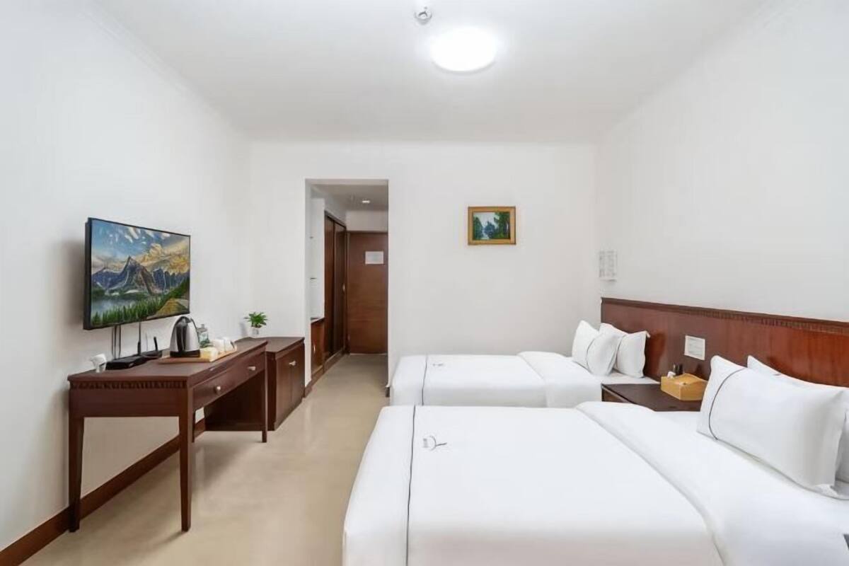 Habitación de hotel con dos camas, un escritorio con computadora, un televisor y un cuadro en la pared.