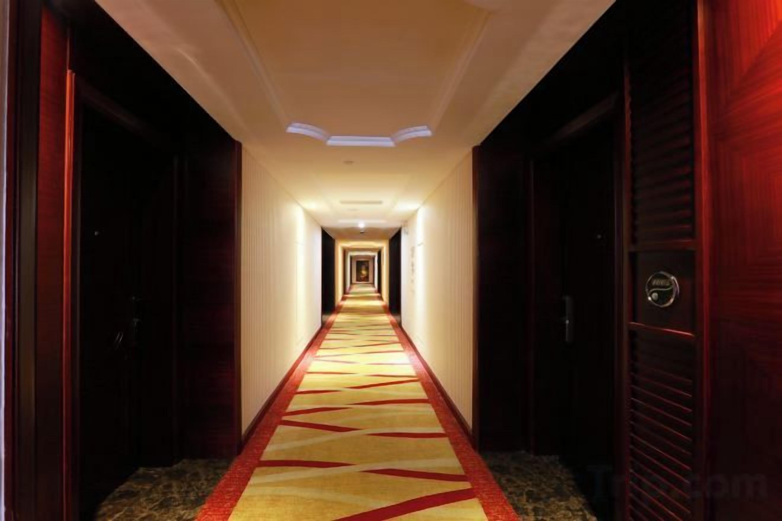 Un pasillo de hotel con piso alfombrado, puertas a ambos lados y una fuente de luz al final.