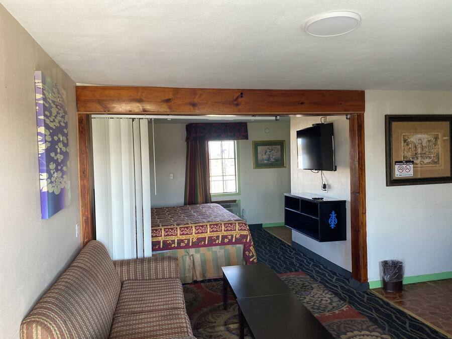 A room with a sofa, a bed with patterned bedding, a television mounted on the wall, and a framed picture.