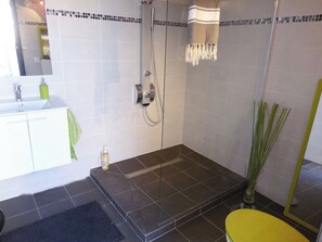 Douche, sèche-cheveux, serviettes fournies, savon