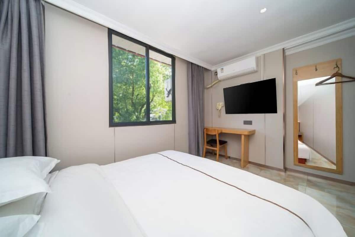 Un dormitorio con cama, escritorio, televisor y armario.