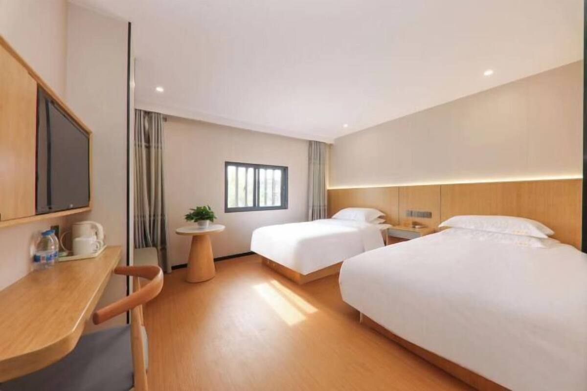 A hotel room with two beds, a desk, a television, and a small table with a plant.