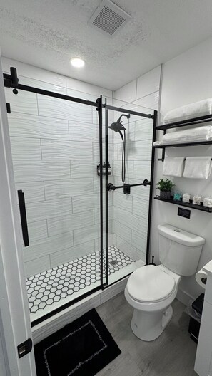 Shower, hair dryer, towels, soap