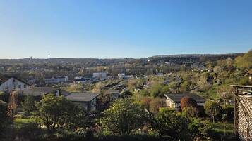 A residential area with houses, trees, and a clear sky.