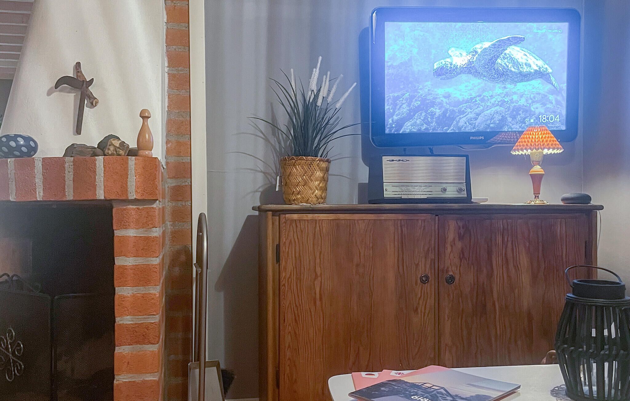 A living room with a television displaying a turtle, a brick fireplace, a wooden cabinet, and a table with a book.