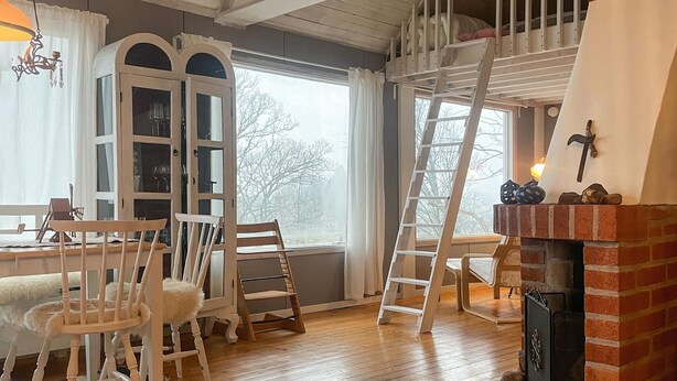 A cozy room with a wooden floor, white chairs, a bookshelf, a ladder, and a fireplace.