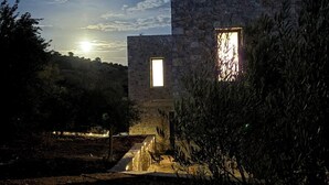 Un edificio de piedra con una ventana central y otra más pequeña a la derecha, rodeado de vegetación.