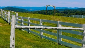 Une clôture en bois peinte en blanc, surmontée d’une arche rustique, dans un champ verdoyant.