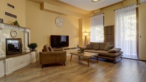 Een woonkamer met een open haard, een televisie, een bank en een salontafel.