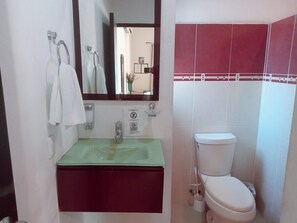 Dusj, hårføner, håndklær og såpe