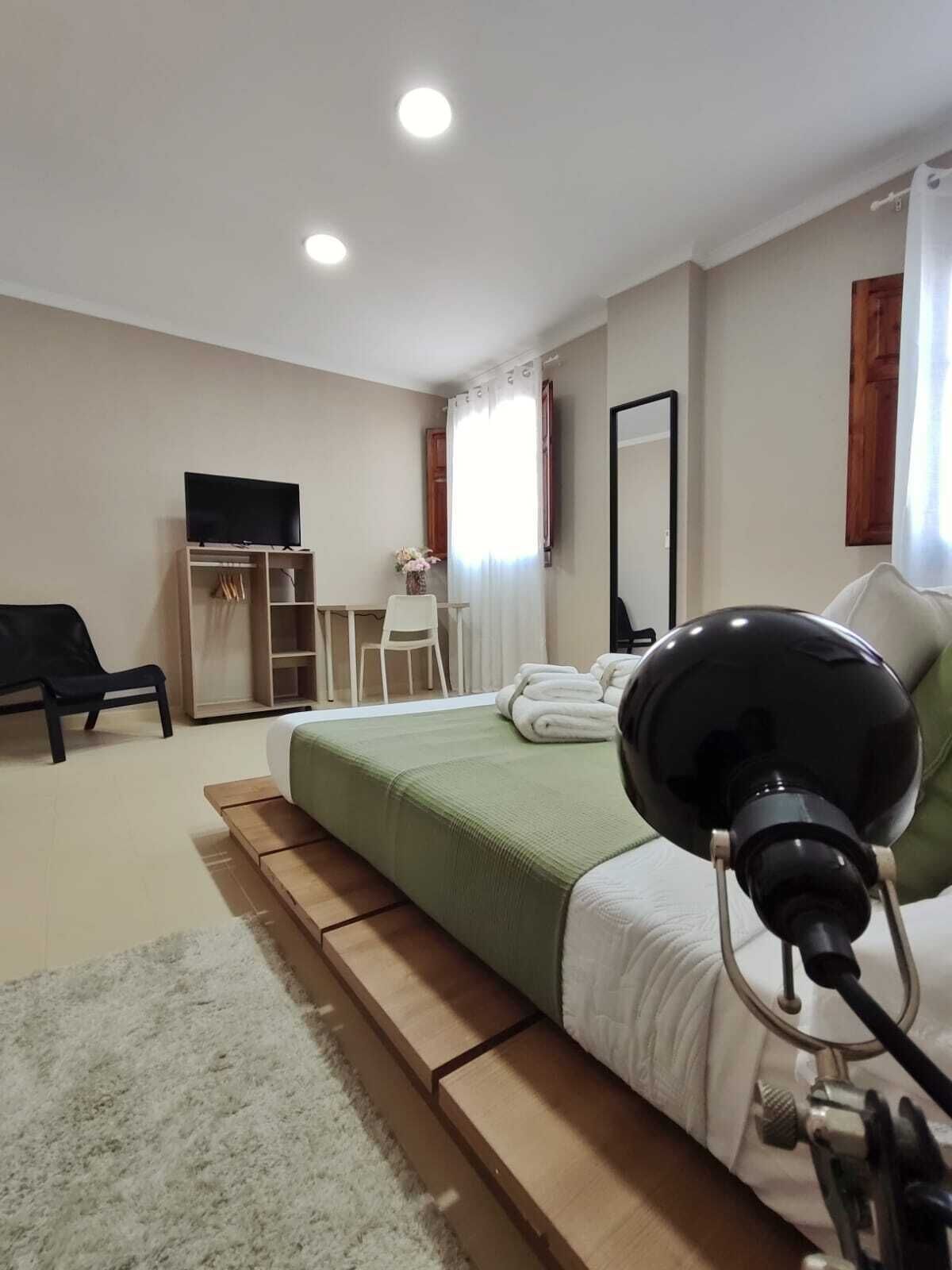 Una camera d'albergo con un letto, una scrivania, una sedia, una TV e uno specchio.