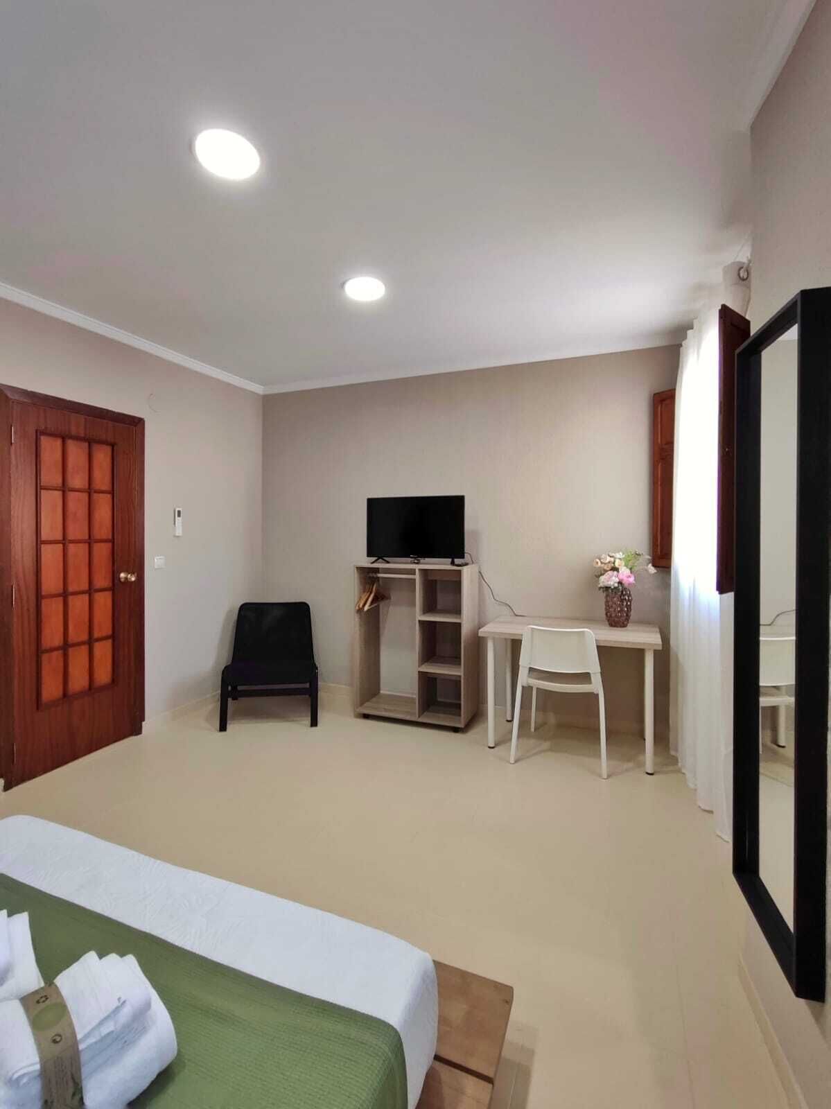 Een hotelkamer met een bed, een bureau met stoel, een televisie en een kledingkast.