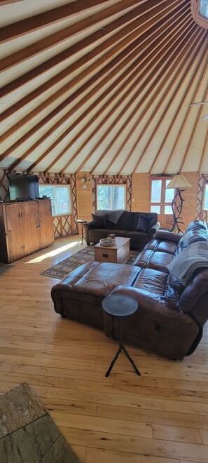 Een televisie, een open haard en boeken