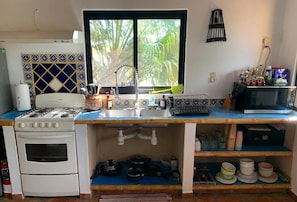 Une cuisine équipée d’une cuisinière à gaz, d’un four, d’un évier et d’une fenêtre donnant sur des palmiers.