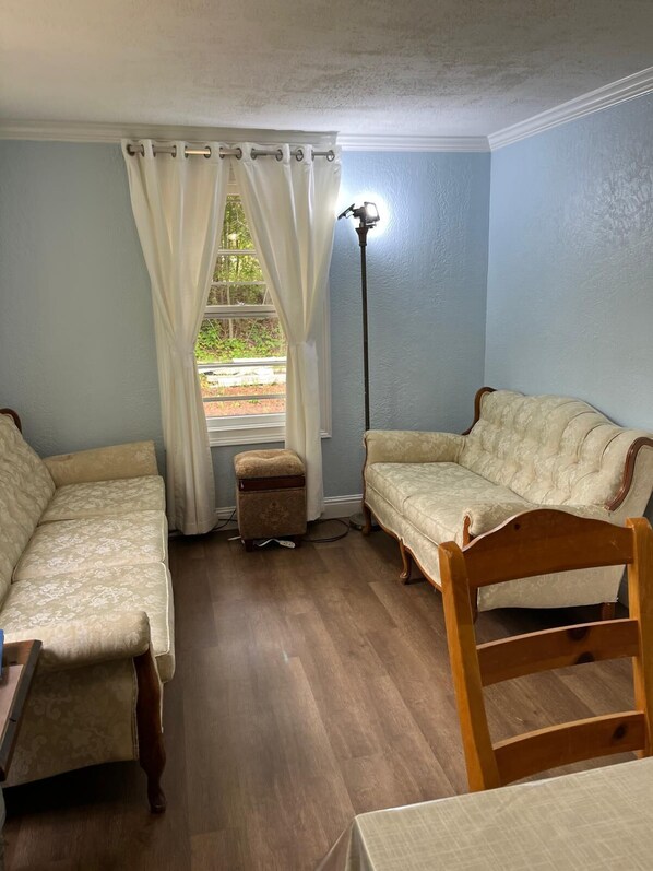A room with two sofas, a wooden chair, a small ottoman, a floor lamp, and a window with curtains.