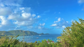 Un paysage côtier caractérisé par un ciel dégagé, une végétation luxuriante et une vue sur la mer, où l’on aperçoit des bateaux.