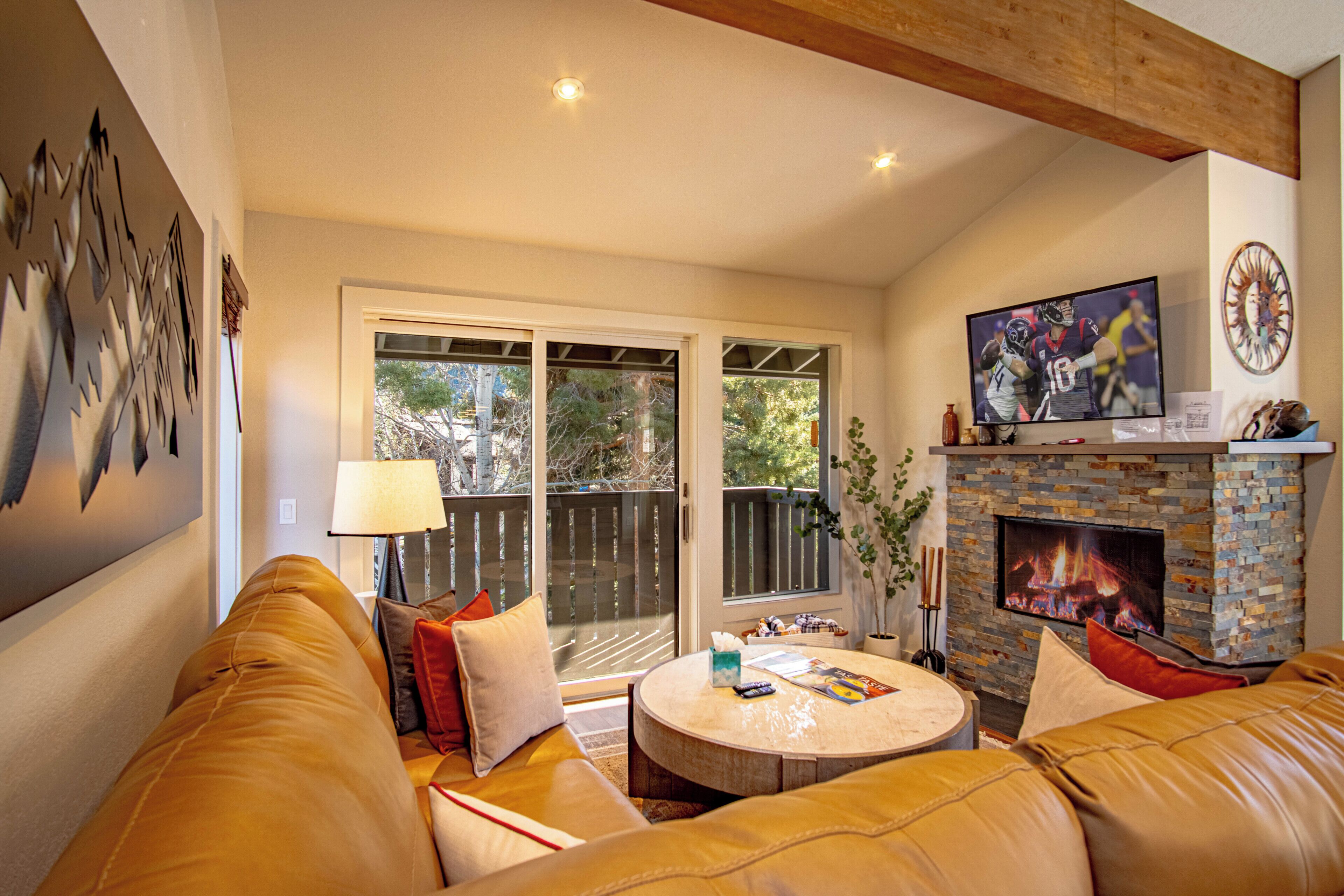 TV, lareira, aparelho de som