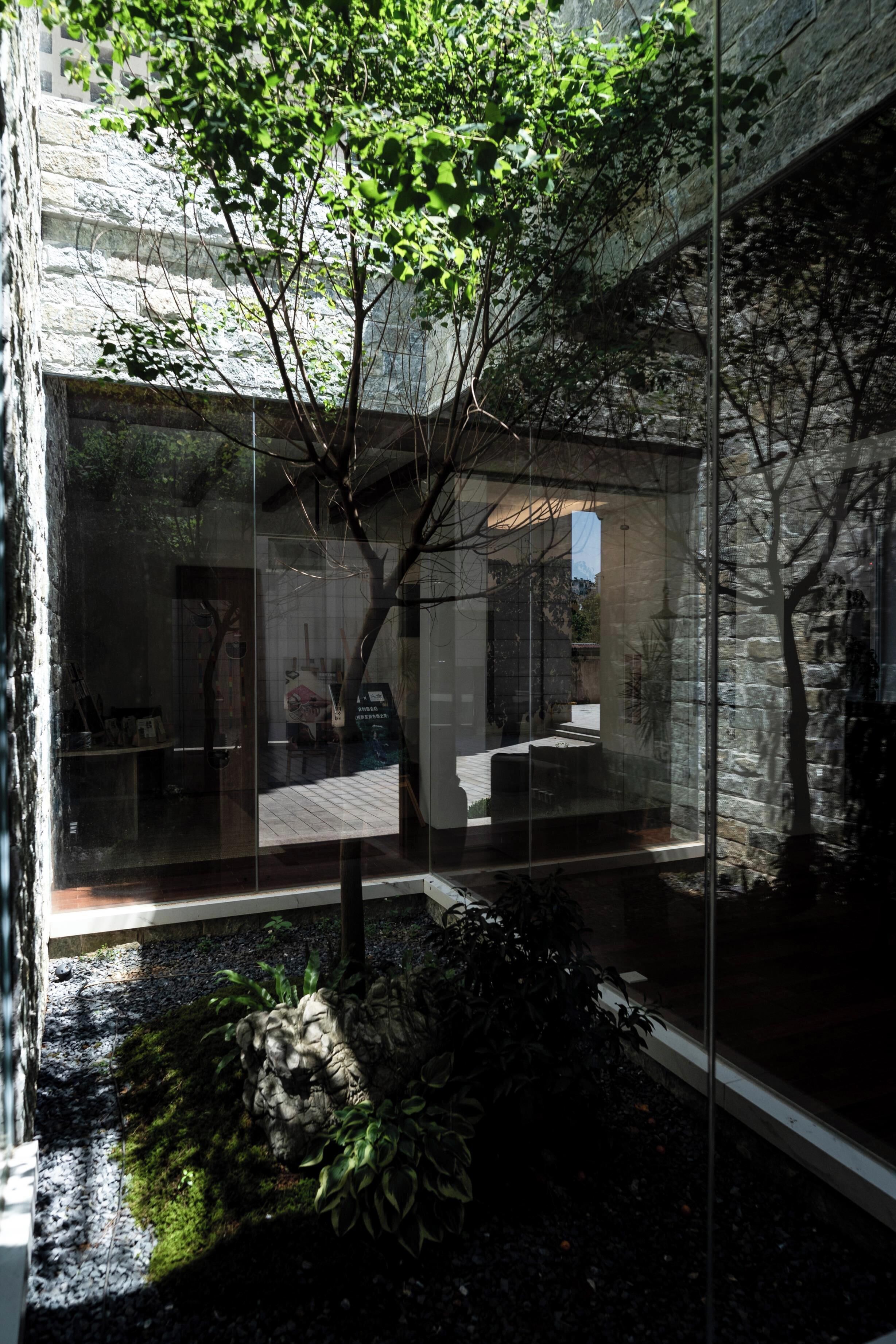 Un edificio moderno con fachada de vidrio, exterior de piedra y un pequeño jardín con un árbol y plantas.