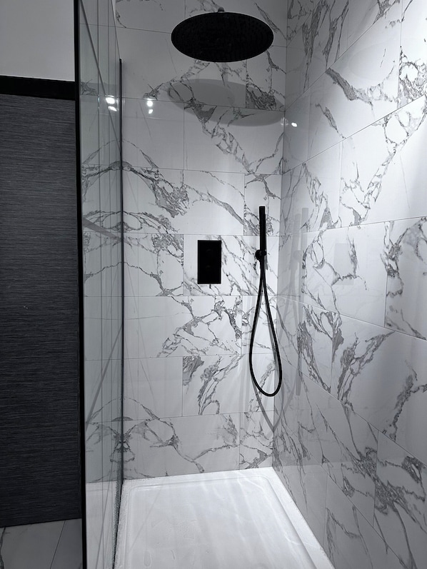 Douche, séchoir à cheveux, serviettes fournies, savon