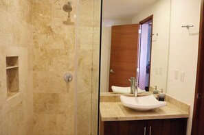 Hair dryer, towels, soap, toilet paper