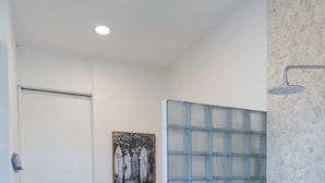 Un baño con ducha, inodoro y puerta.