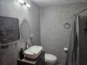 Douche, sèche-cheveux, serviettes fournies, savon