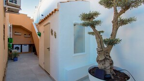 A narrow alleyway with a potted tree, a washing machine, and a door. - CH Sierra de Gata La Marquesa Golf (Ciudad Quesada) (Ciudad Quesada)