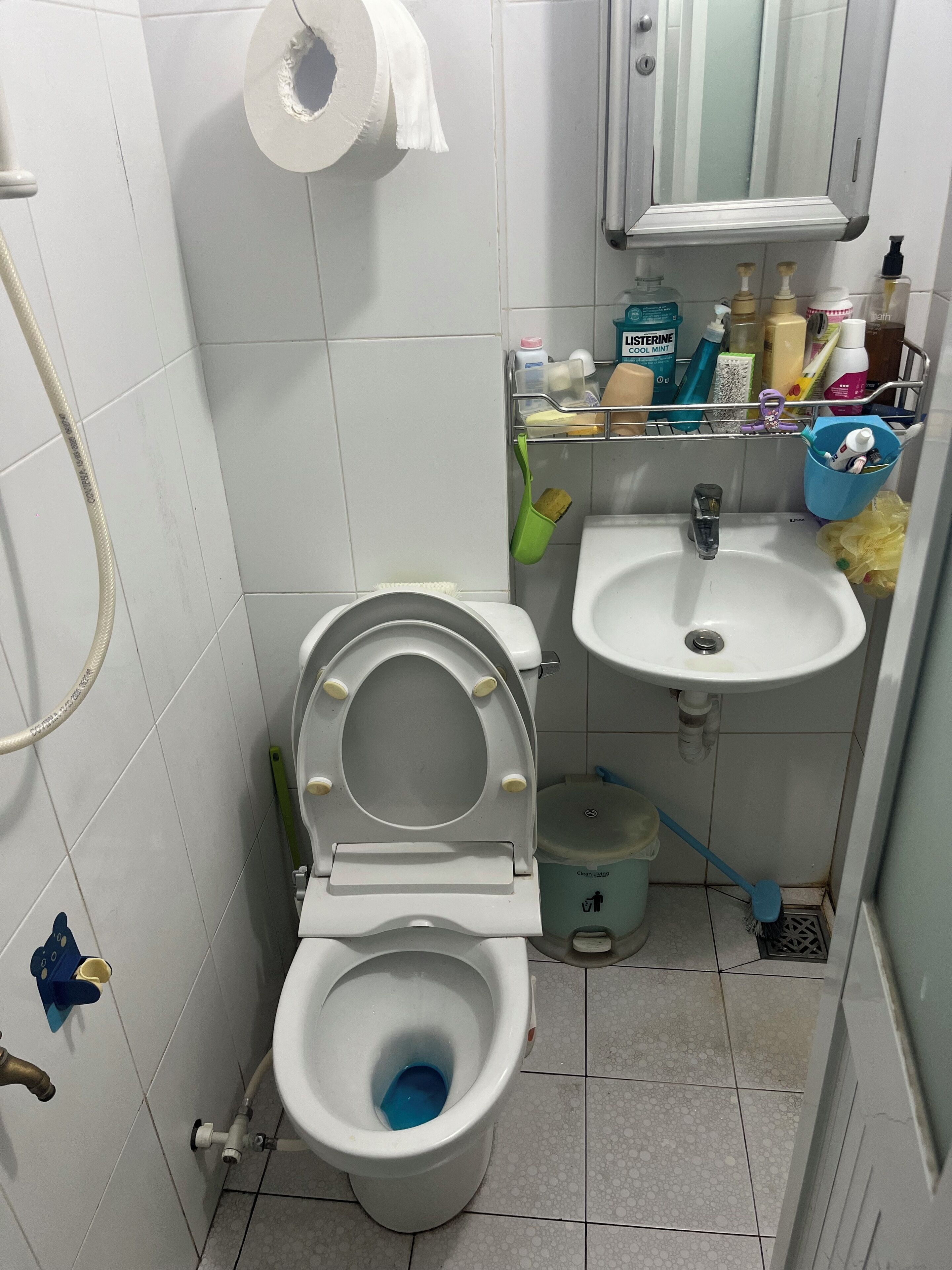 A small bathroom with a toilet, sink, and various toiletries.