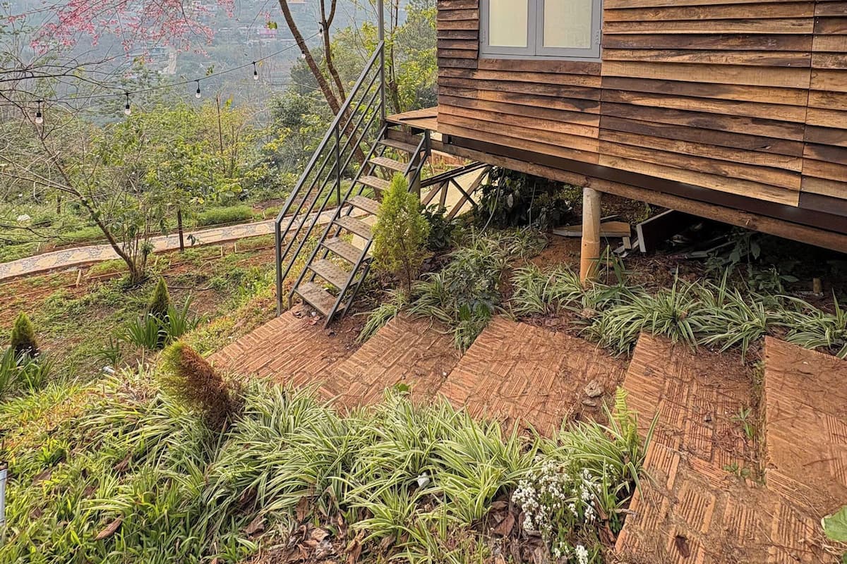 Une cabane en bois dotée d’une fenêtre et d’un escalier menant à l’intérieur, entourée de verdure et d’arbres.