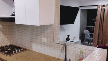 Fridge, microwave, cookware/dishes/utensils, spices