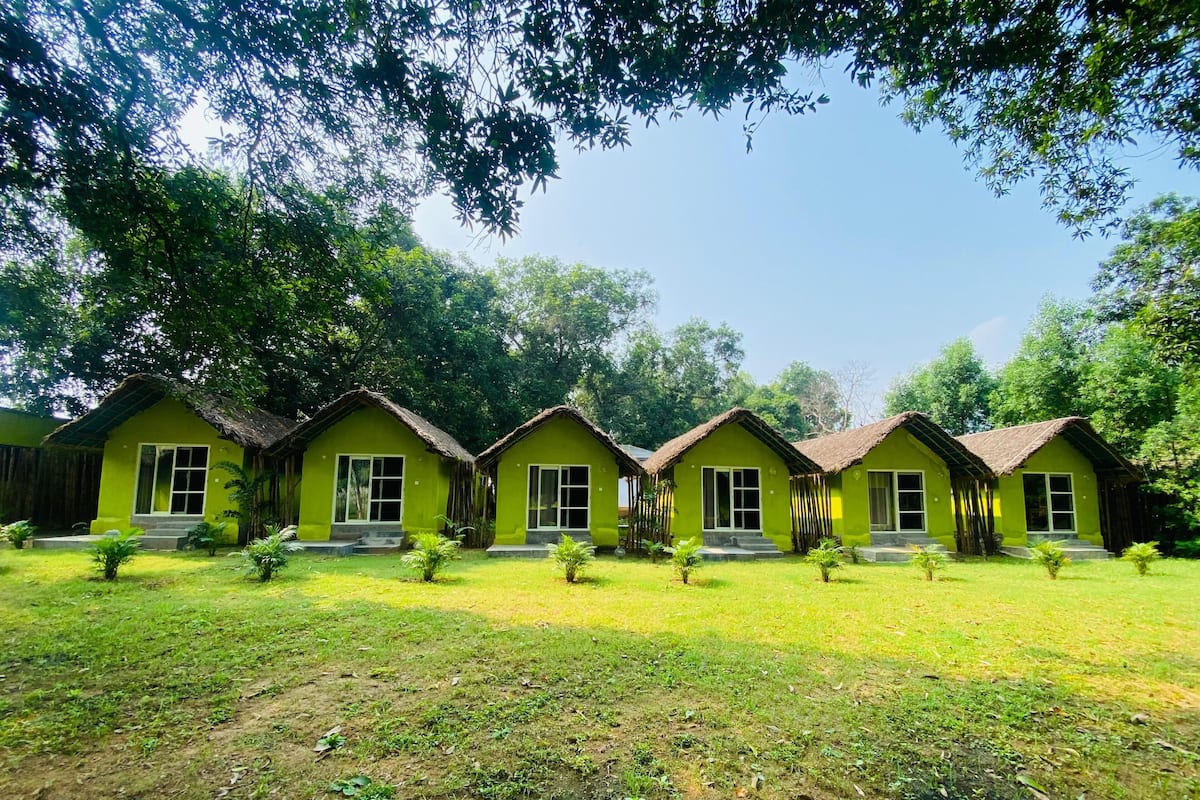 A row of green cottages with thatched roofs, surrounded by lush greenery and trees.