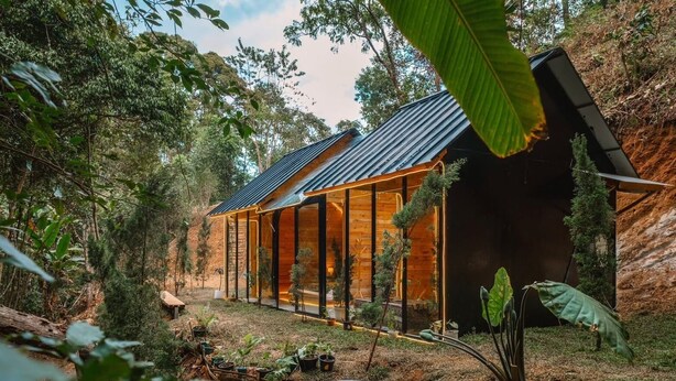 A modern house with a glass facade, surrounded by a forested area and a small garden. - LOUVREFER (Mae Taeng)