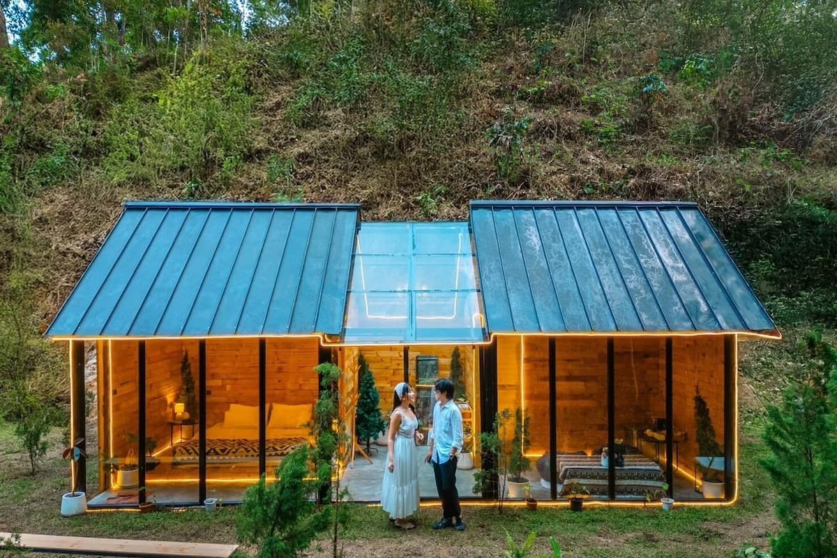 A modern, glass-walled house with a metal roof, surrounded by greenery.