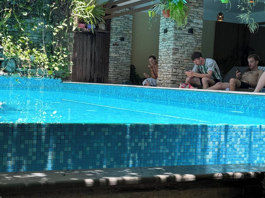 Una piscina con bordes de azulejos, rodeada de muros de piedra y plantas en macetas.