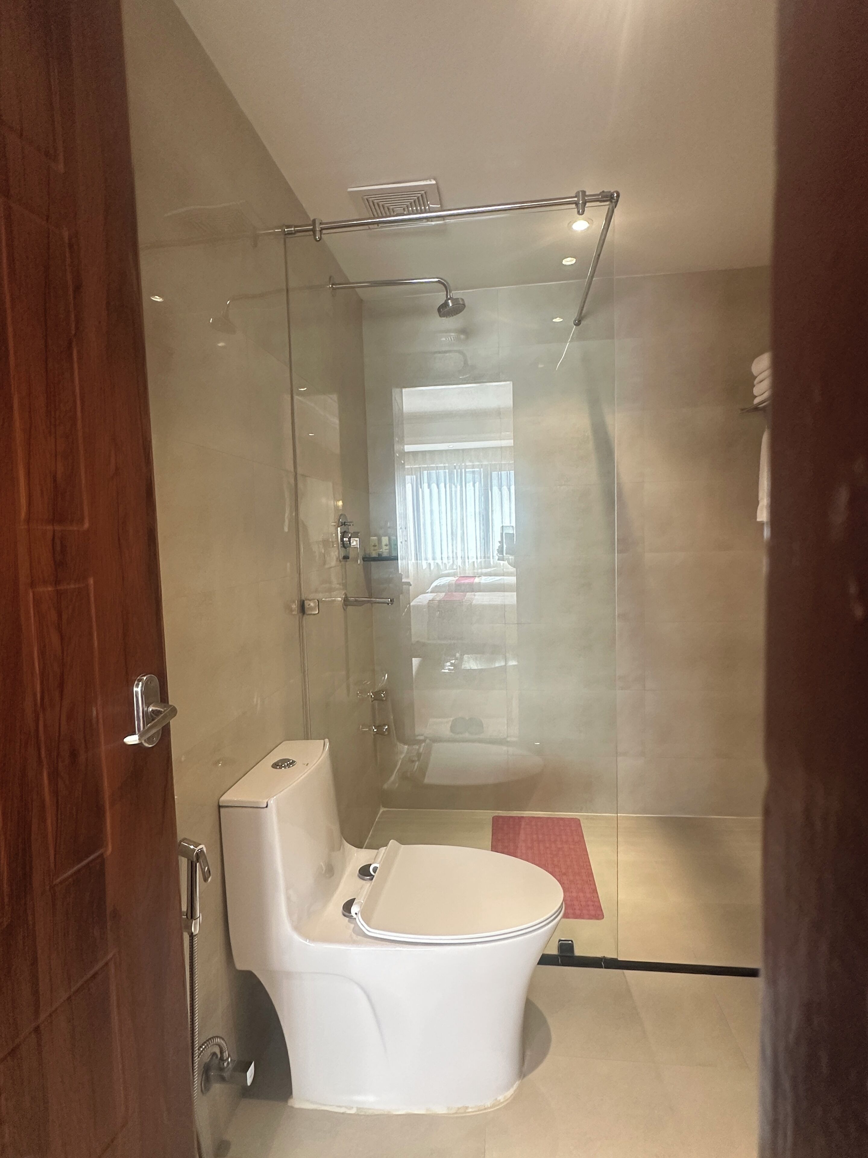 A modern bathroom with a glass-enclosed shower, a white toilet, and a visible towel rack.
