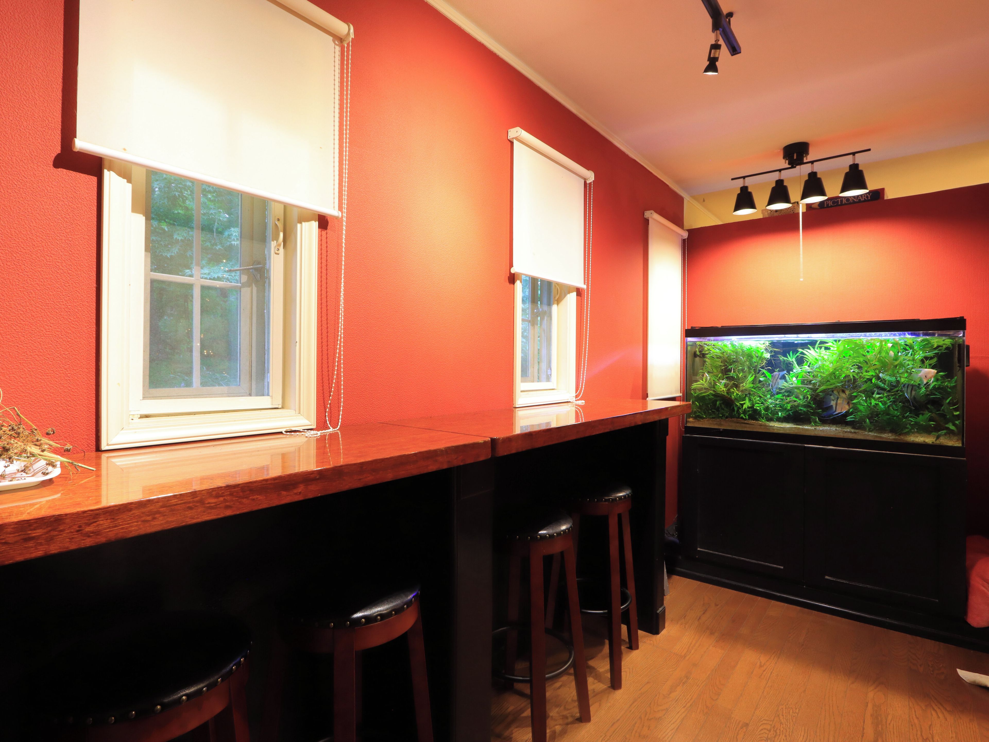 A bar area with a fish tank, wooden bar stools, and a red wall.