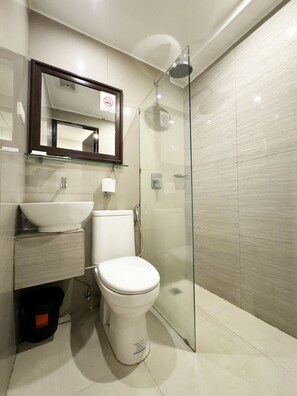 Bathroom features a glass-enclosed shower, toilet, sink, and mirror.