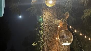 Un árbol decorado con faroles de mimbre colgantes y luces de cadena.