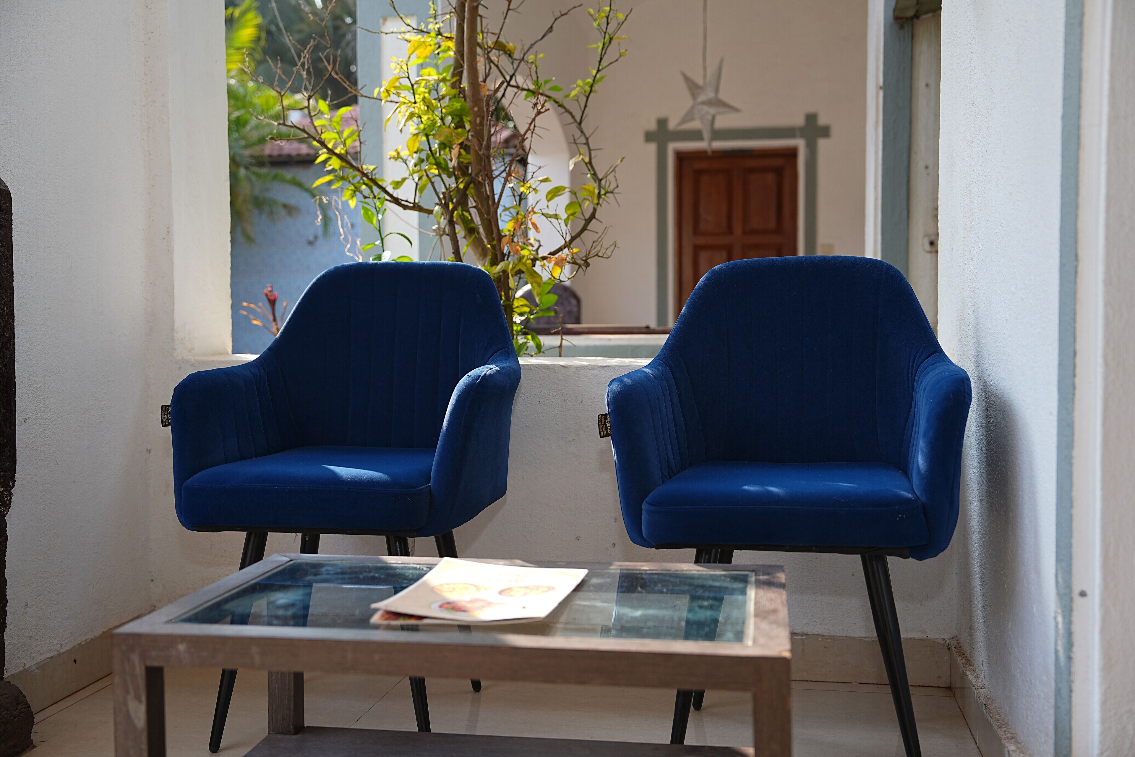 Dos sillas azules y una mesa con cubierta de vidrio en una habitación con vista a una puerta y una planta.