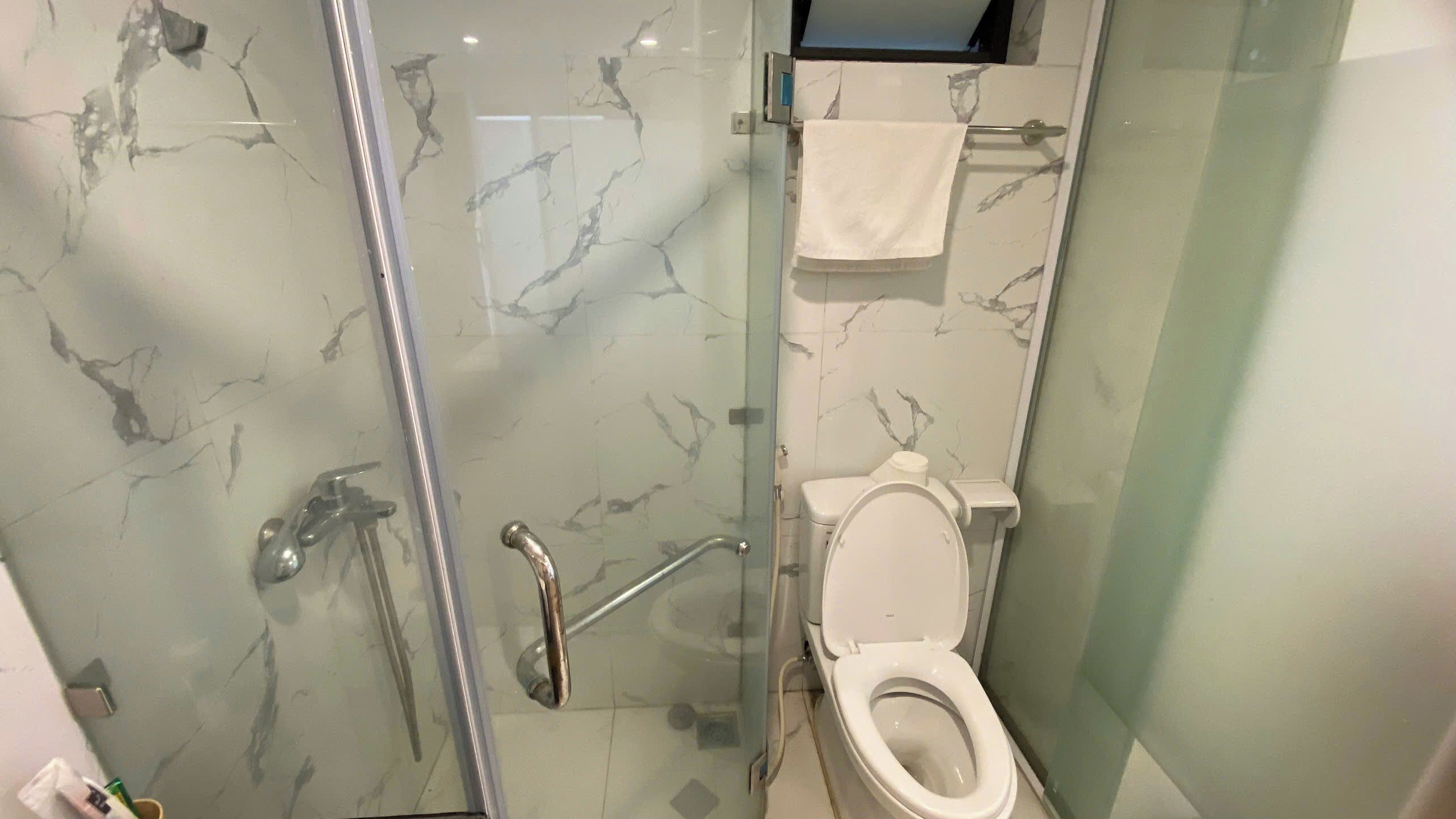 A bathroom with a glass-enclosed shower, a white toilet, and a marble-patterned wall.