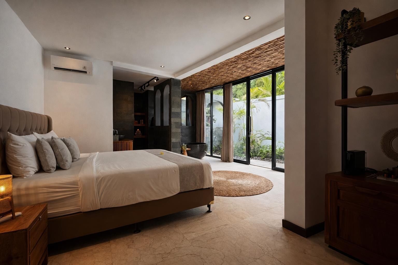 A modern bedroom with a large bed, a small round rug, a wooden nightstand, and a view of greenery through large windows.