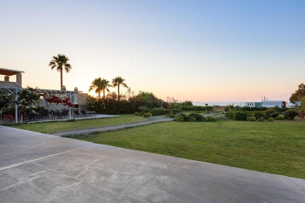 A spacious outdoor area with a paved walkway, palm trees, and a grassy lawn.