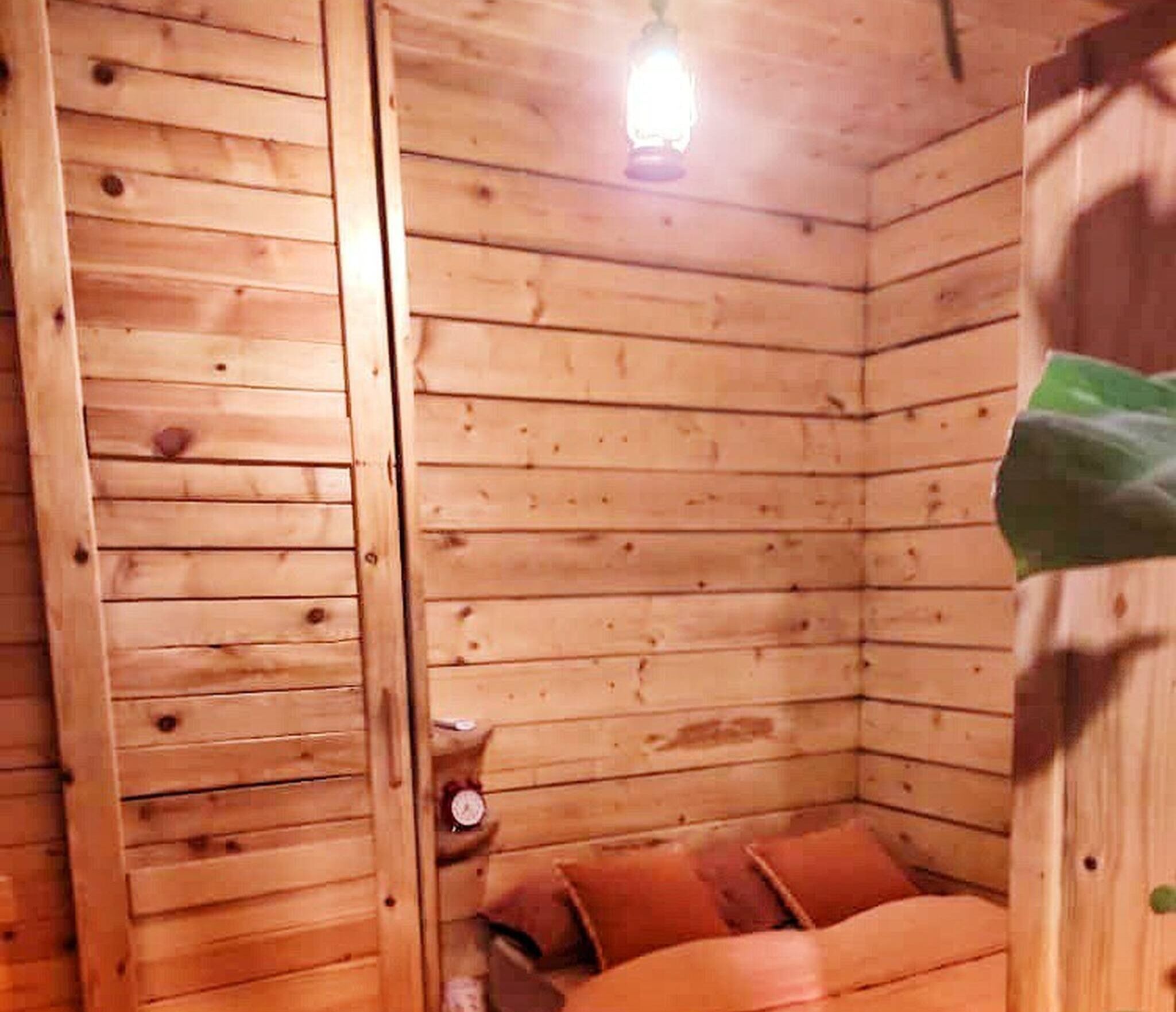 A wooden cabin with a single bed, a small table, and a wall-mounted light fixture.
