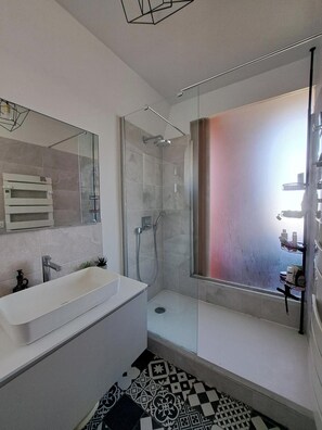 Shower, hair dryer, towels, toilet paper