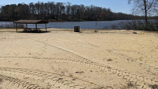 Ein Strandbereich mit Sand, einem Picknickunterstand und einem Mülleimer in der Nähe eines Sees.
