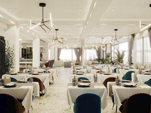 A spacious dining area with multiple tables, modern lighting fixtures, and a view of the outdoors. - Oros Paradise Hotel (Rhodes)