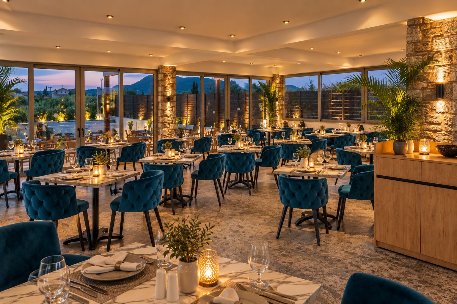 Un restaurante con varias mesas y sillas, una pared de piedra y vistas a las montañas.