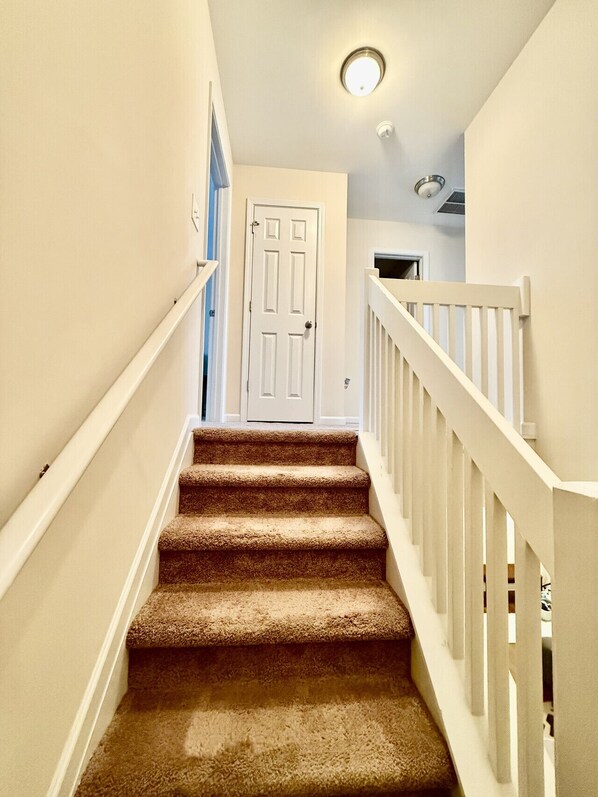 A carpeted staircase with white railings and a door at the top.