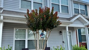 Ein zweistöckiges Haus mit einer Veranda, einem kleinen Baum und einem Vogelhäuschen.